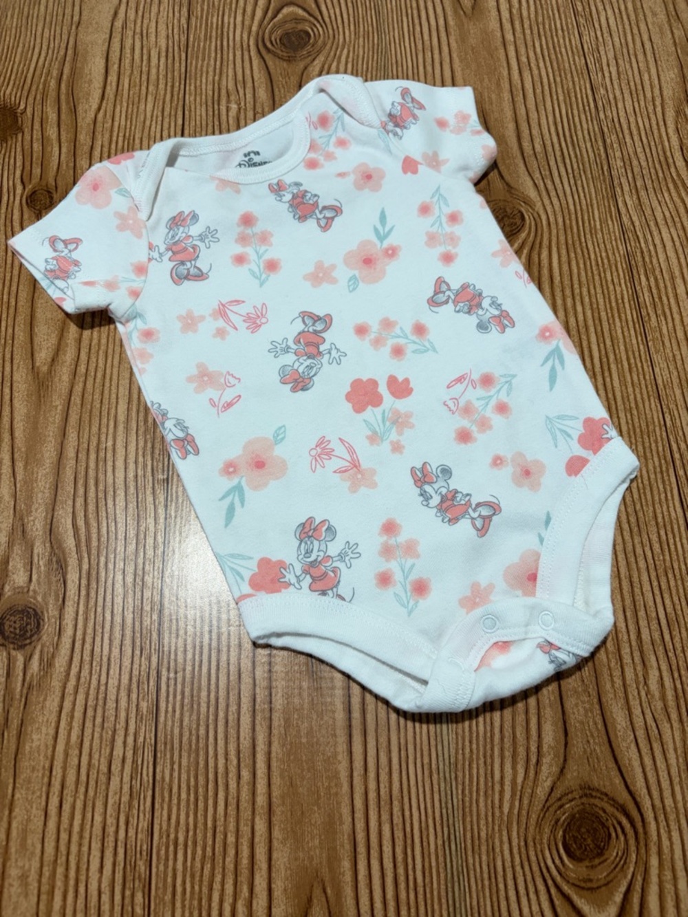 3/$12 Disney Minnie Mouse White Onesie Body Suit Floral Cotton 3-6 Months